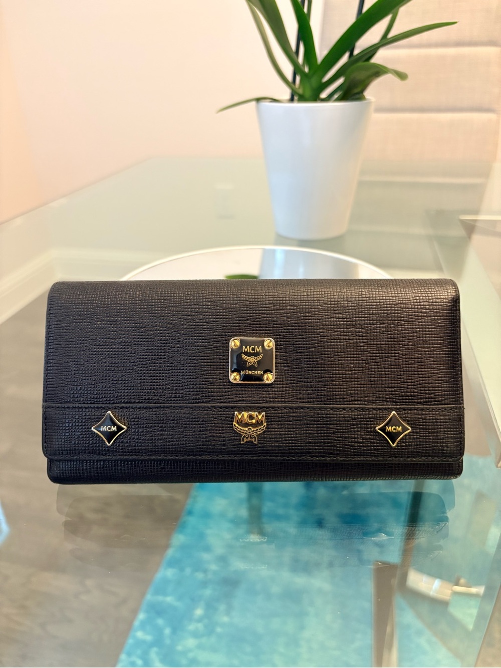 MCM Leather Continental Wallet with Gold Charms